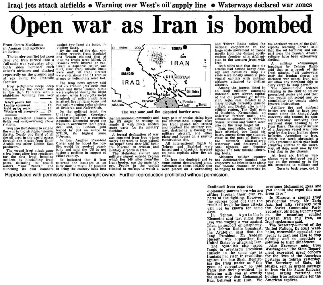 From the archive, 23 September 1980: Open war as Iraq bombs Iran | Iran |  The Guardian